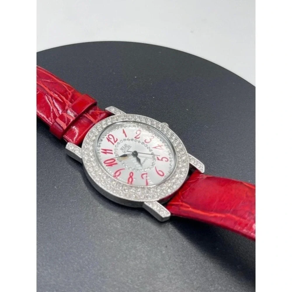 Nolan Miller Vintage quartz watch red leather band‎ rhinestone bezel
